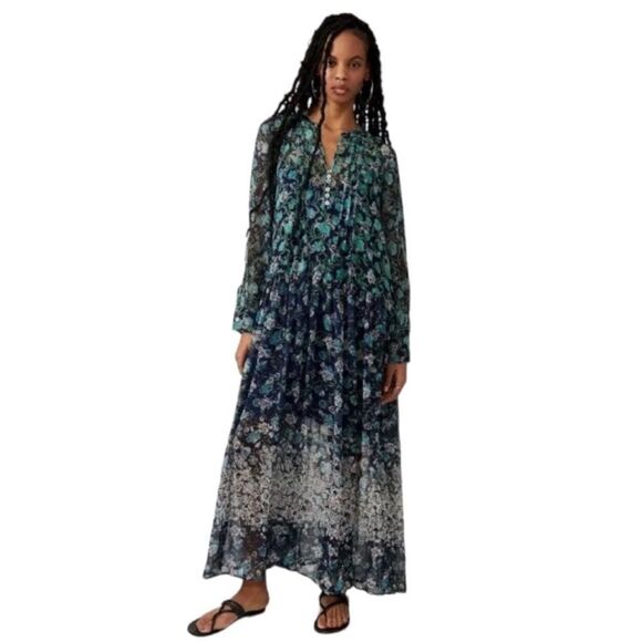 FREE PEOPLE SHEER MAXI DRESS WITH SLIP LIGHTWEIGHT MSRP $168 SZ S NWOT - Picture 1 of 4
